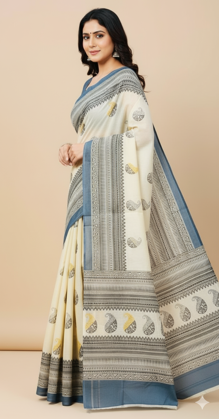 Elegant Cream & Blue Saree with Paisley Motifs