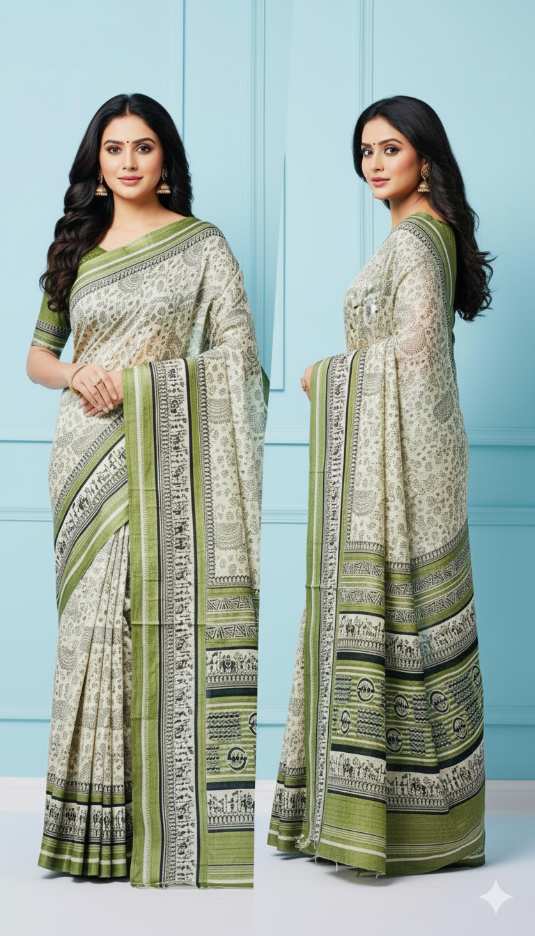 Graceful Green & White Silk Saree with Timeless Charm