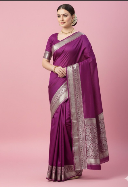 Regal Purple Mysore Silk Saree with Silver Zari Border – Royal Grace