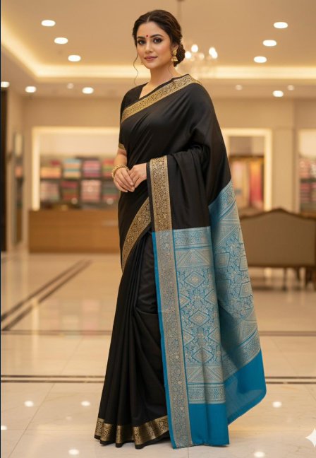 Elegant Black Mysore Silk Saree with Subtle Golden Border