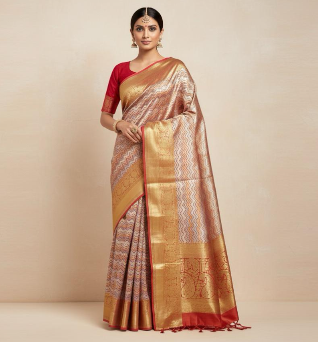 Vibrant Yellow, Grey & Red Kanchipuram Silk Saree with Rich Zari Border