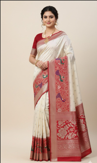 Elegant Cream & White Silk Saree with Subtle Border