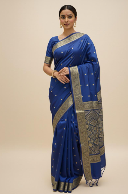 Elegant Dark Blue Silk Saree with Classic Border