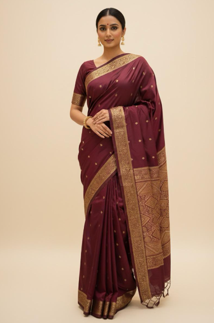 Elegant Maroon & Cream Silk Saree with Classic Border v