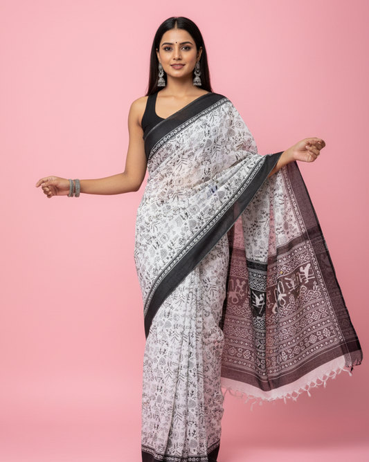 Black & White Warli cotton saree