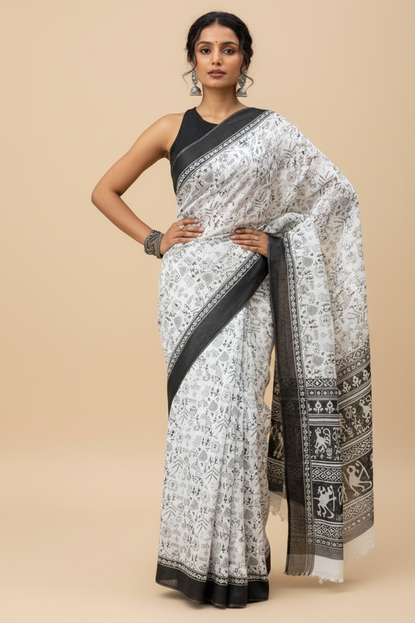 Black & White Warli cotton saree