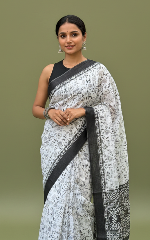 Black & White Warli cotton saree