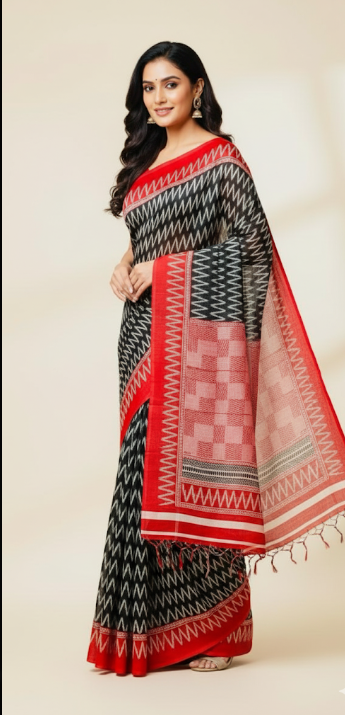 Black & Red Ikat Silk Saree with Geometric Border