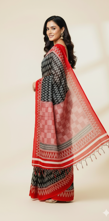 Black & Red Ikat Silk Saree with Geometric Border