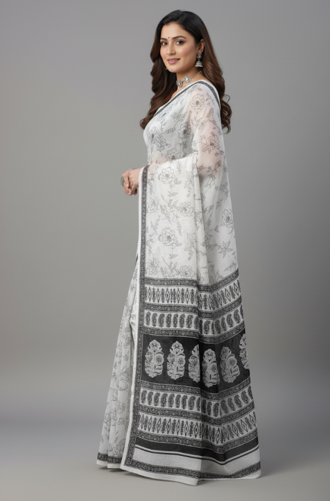 Classic Contrast White Saree with Black Border – Timeless Chhatta Elegance