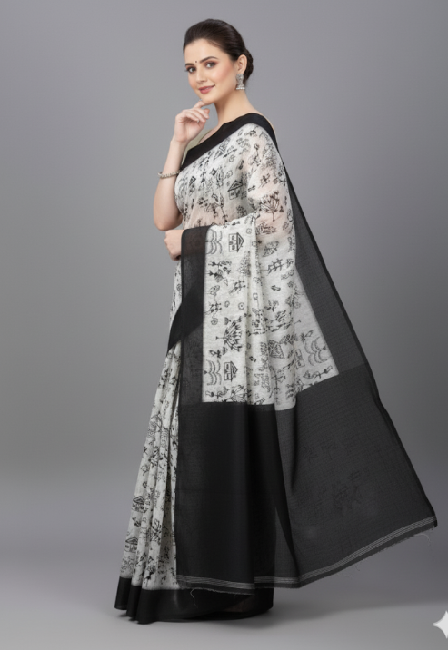 Elegant White Chhatta Saree with Bold Black Border – Sophisticated Charm