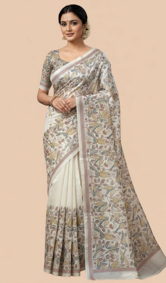 Classic Cream & White Silk Saree with Subtle Elegance