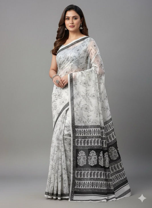 Classic Contrast White Saree with Black Border – Timeless Chhatta Elegance