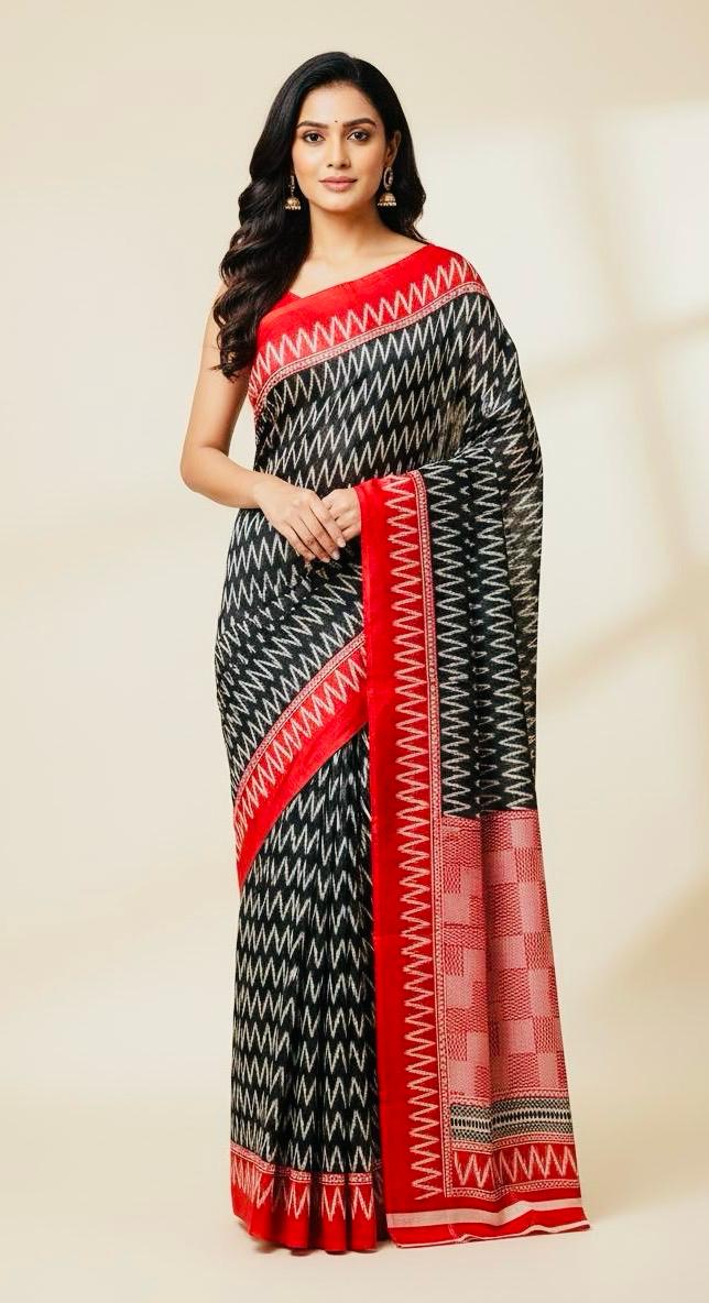 Black & Red Ikat Silk Saree with Geometric Border
