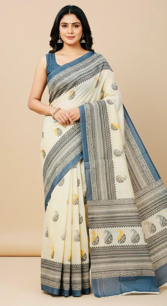 Elegant Cream & Blue Saree with Paisley Motifs