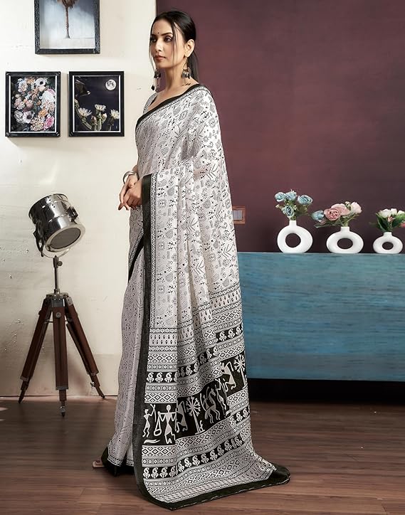 Black & White Warli cotton saree