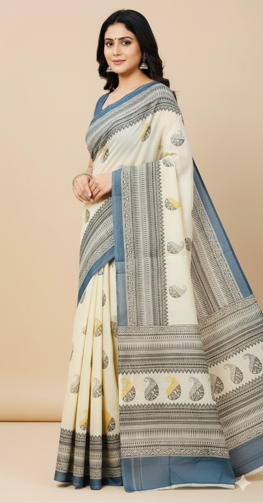 Elegant Cream & Blue Saree with Paisley Motifs