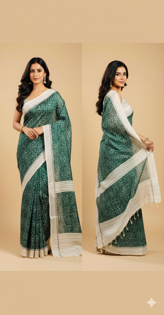 Elegant Dual-Tone Green & White Saree