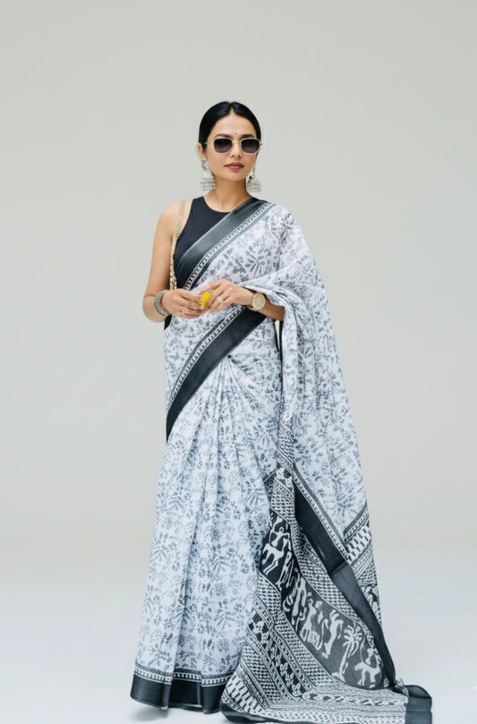 Black & White Warli cotton saree