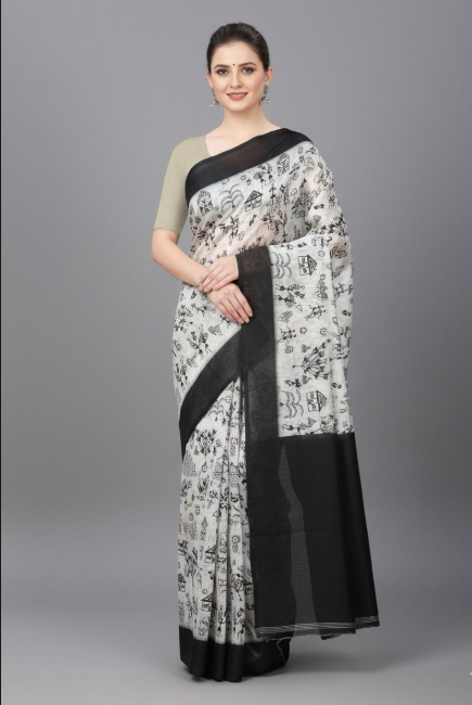 Elegant White Chhatta Saree with Bold Black Border – Sophisticated Charm