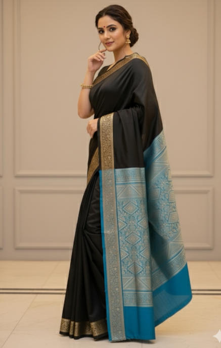 Elegant Black Mysore Silk Saree with Subtle Golden Border