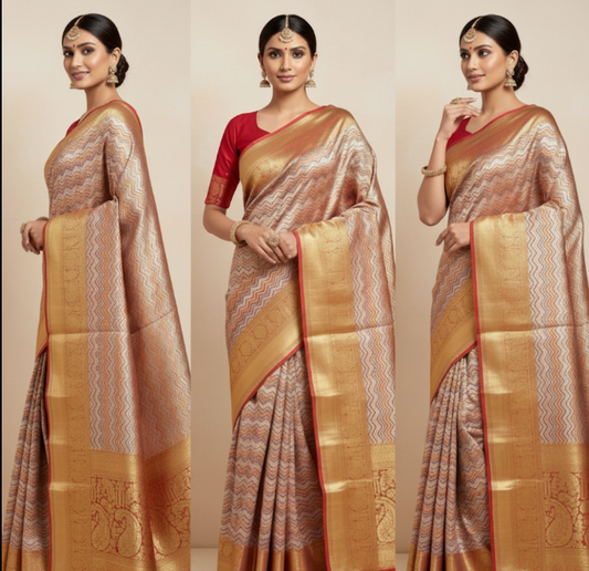 Vibrant Yellow, Grey & Red Kanchipuram Silk Saree with Rich Zari Border