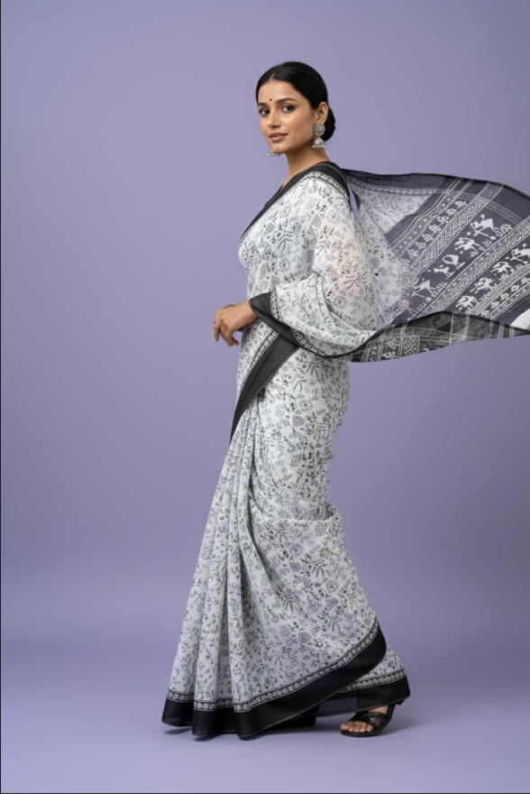 Black & White Warli cotton saree