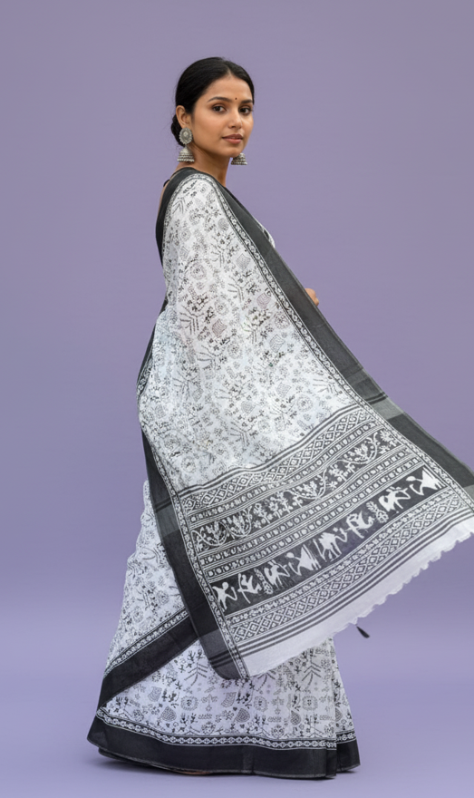 Black & White Warli cotton saree