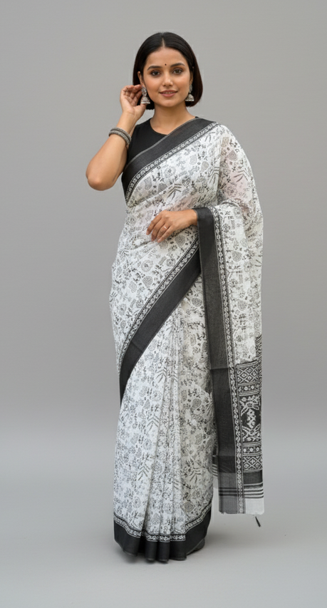 Black & White Warli cotton saree