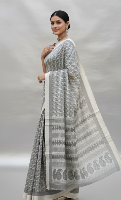 Silver Whisper White & Grey Saree – Grace in Motion