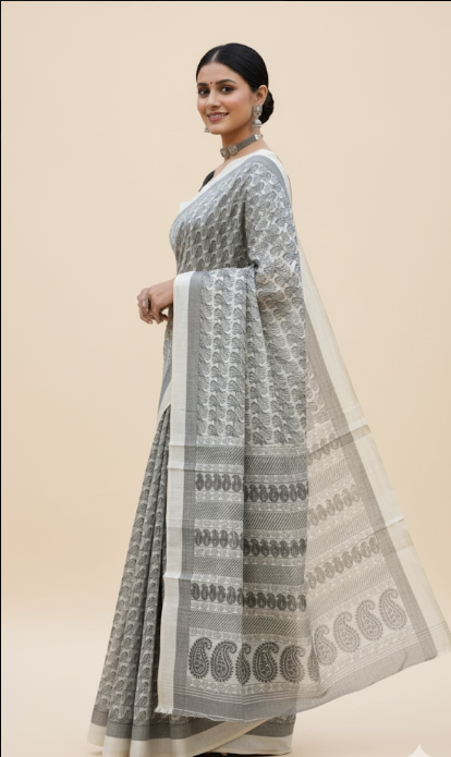 Silver Whisper White & Grey Saree – Grace in Motion