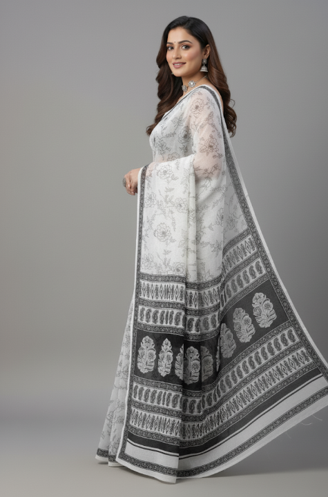 Classic Contrast White Saree with Black Border – Timeless Chhatta Elegance