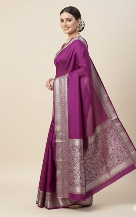Regal Purple Mysore Silk Saree with Silver Zari Border – Royal Grace