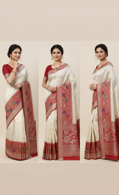 Elegant Cream & White Silk Saree with Subtle Border