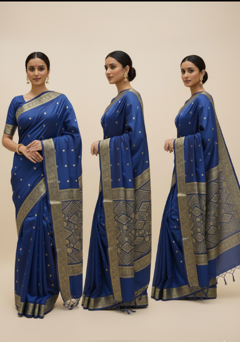 Elegant Dark Blue Silk Saree with Classic Border