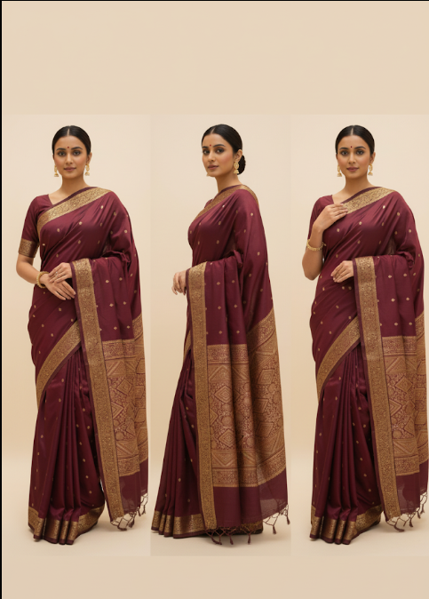 Elegant Maroon & Cream Silk Saree with Classic Border v