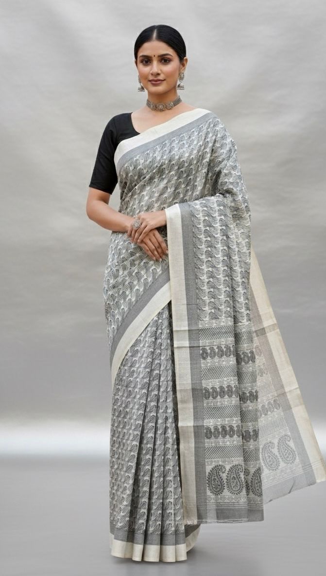Silver Whisper White & Grey Saree – Grace in Motion