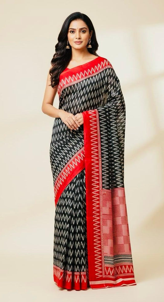 Black & Red Ikat Silk Saree with Geometric Border