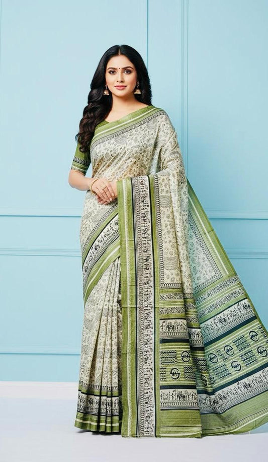 Graceful Green & White Silk Saree with Timeless Charm